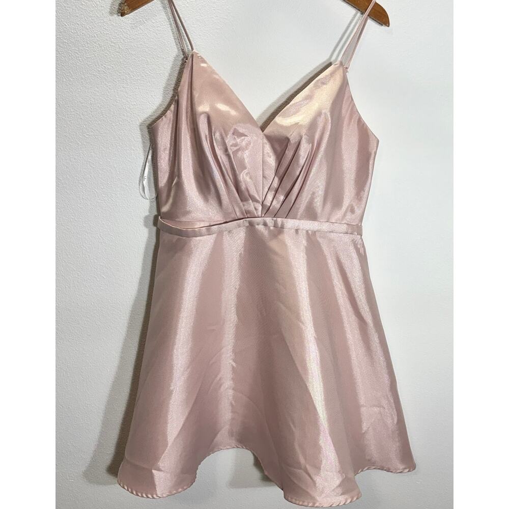 Lulus Blush Pink Shimmer Satin Mini Dress Large V-Neck Strappy Fit & Flare Party